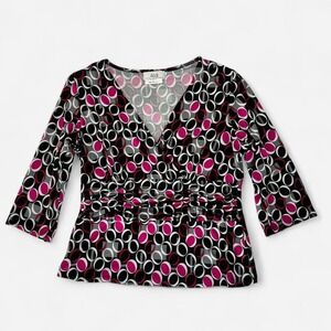 AGB Geometric Print Wrap Style Blouse Pink Black Metallic Dot Office Top L